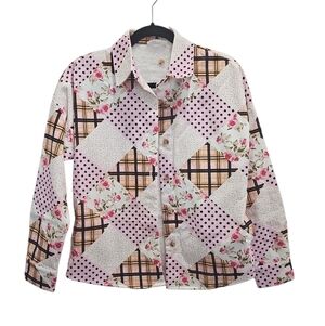 Patchwork Print Women's Button-Up Jacket - Pink Floral & Plaid